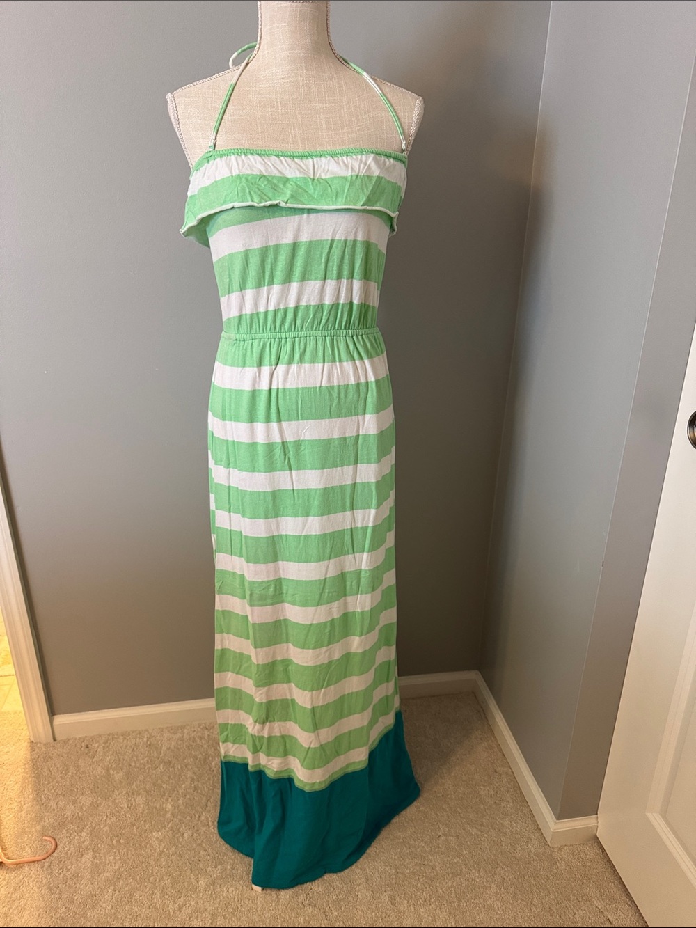Aeropostale Strapless Green and White Striped Maxi Dress with Teal Hem
